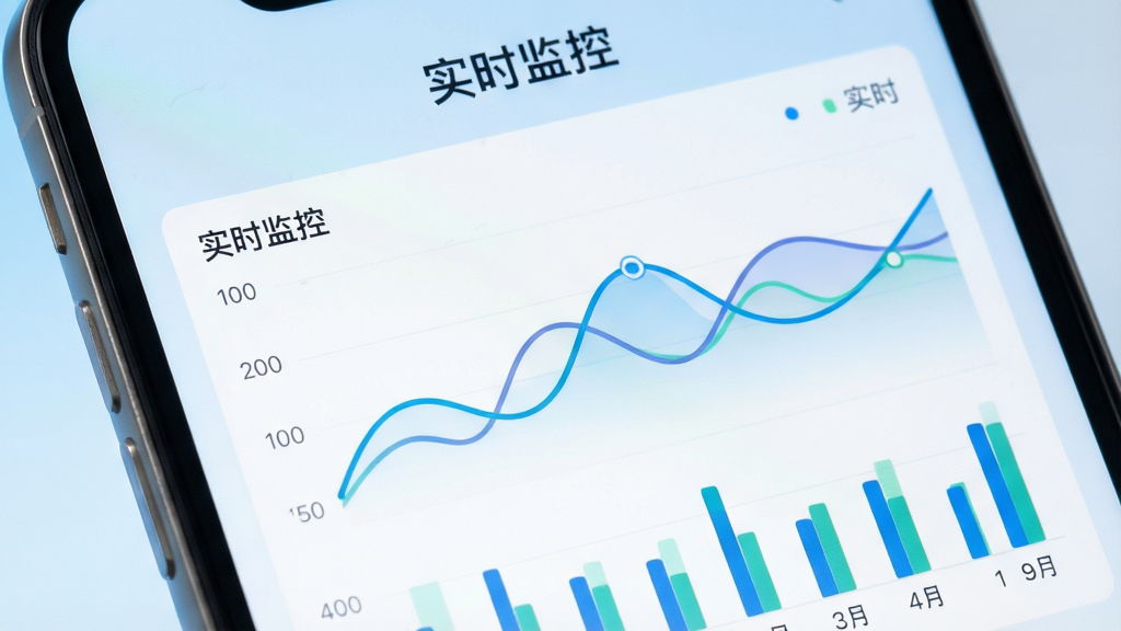 青崖流量顾问应用界面特写,展示实时流量监控折线图与柱状图,屏幕上方有