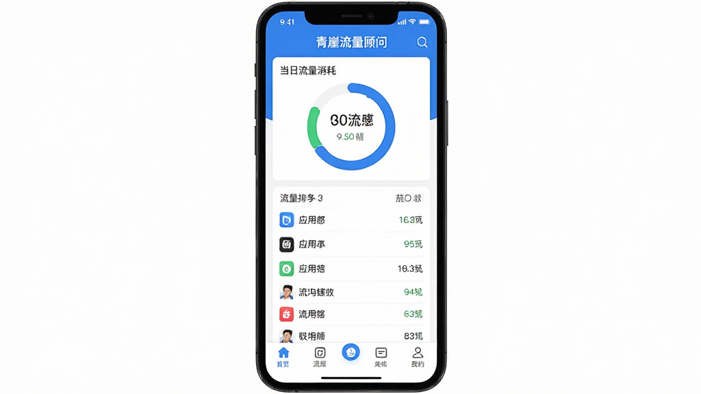 手机屏幕中央展示青崖流量顾问应用主界面,顶部显示当日流量消耗环形图,中部列出各应用流量排行,底部为功能导航栏,整体布局清晰对称,扁平化设计风格,蓝白配色清爽干净,界面文字使用中文标注,画质清晰,无多余元素