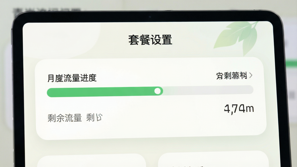 青崖流量顾问套餐设置界面,屏幕显示月度流量进度条与剩余流量数字,顶部有