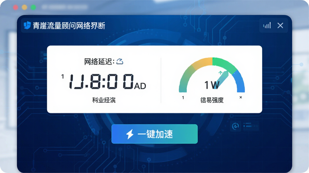 青崖流量顾问网络诊断界面,屏幕中央显示网络延迟数值与信号强度指示,下方有
