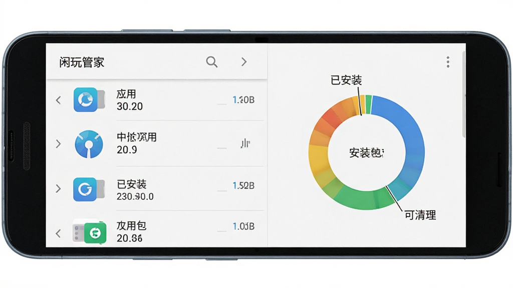 画面中央为一部安卓手机,屏幕显示闲玩管家的应用资源管理页面,页面左侧为应用列表,右侧为存储占用环形图,图中标注“已安装”“安装包”“可清理”等文字,背景为纯白色,风格简约商务,细节包括扁平化图标、细线分割、数字标注清晰,画质高清,画面干净,无多余元素