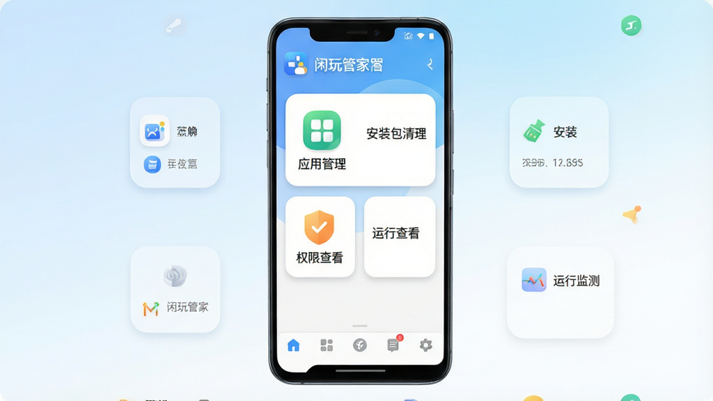 画面中央是一部安卓手机,手机屏幕显示闲玩管家应用主界面,界面布局为顶部标题栏、中部功能卡片、底部导航栏,卡片上标注“应用管理”“安装包清理”“权限查看”“运行监测”等文字,背景为浅蓝到白色渐变,风格清爽简洁科技感,细节包括圆角图标、柔和阴影、清晰文字排版,画质高清,画面干净,无多余元素