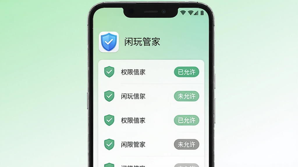 画面中央为一部安卓手机,屏幕显示闲玩管家的权限查看页面,页面上方为应用图标和名称,下方为权限列表,每项权限右侧有“已允许”或“未允许”标签,背景为浅绿色到白色渐变,风格清新浅色,细节包括盾牌图标、对勾标记、圆角按钮,画质高清,画面干净,无多余元素