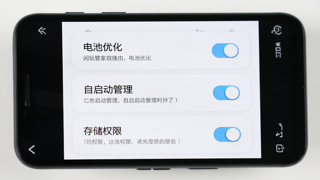 画面中央为一部安卓手机,屏幕显示闲玩管家的设置页面,页面中有“电池优化”“自启动管理”“存储权限”等选项,每个选项右侧有开关按钮,背景为白色,风格柔和圆角,细节包括圆角卡片、浅蓝开关、灰色说明文字,画质高清,画面干净,无多余元素