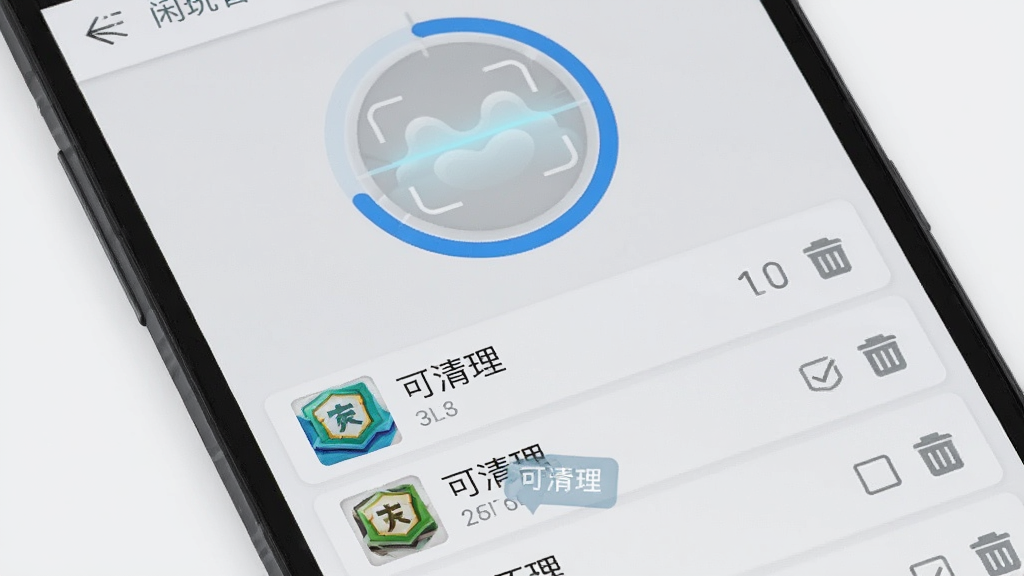 画面中央是一部安卓手机,屏幕显示闲玩管家的安装包清理界面,界面中有一个圆形扫描进度条,下方列出五个 APK 文件及其大小,其中三个被标记为“可清理”,背景为浅灰色,风格素雅极简,细节包括垃圾桶图标、复选框、灰色文字,画质高清,画面干净,无多余元素