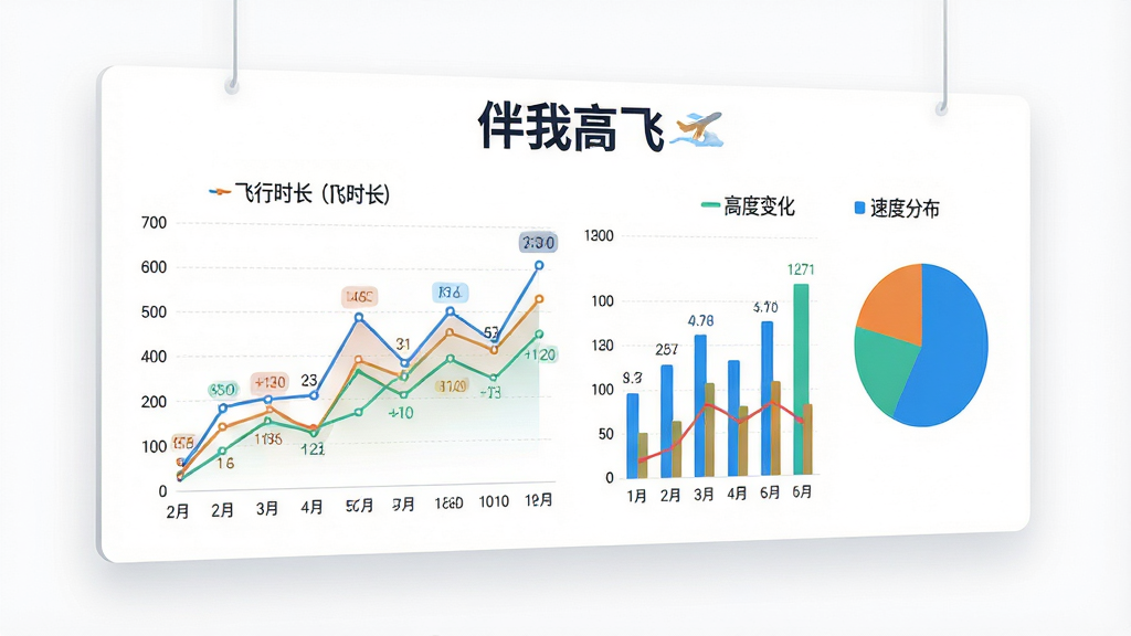 画面主体为一张悬浮的飞行数据报告图表,图表中包含折线图、柱状图和饼图,分别展示飞行时长、高度变化和速度分布,图表上方有“伴我高飞”的标题,背景为白色,构图采用左右分栏,左侧为折线图,右侧为柱状图与饼图,风格为商务数据可视化,细节包括图表的彩色线条、数据标签、轻微的网格线,画质为4K超高清,画面干净,无多余元素。