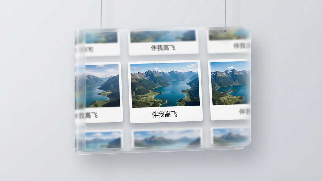 画面主体为一个悬浮在空中的半透明相册界面,界面中排列着多张航拍风景照片,照片下方标注着“伴我高飞”字样,背景为柔和的浅灰色,构图采用网格布局,相册界面占据画面中心,风格为简约现代风,细节包括照片的白色边框、界面的轻微投影、照片中清晰的山川与湖泊,画质为4K超高清,画面干净,无多余元素。