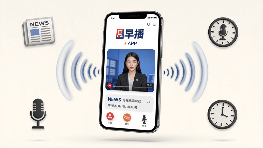 早播新闻音频化功能展示图,画面主体为手机屏幕悬浮在空中,屏幕中早播APP正在播放新闻,声波从手机两侧扩散而出,周围环绕着报纸、麦克风、时钟等图标,背景是淡雅的米白色,风格商务简约,细节丰富,画质高清,干净无多余元素。