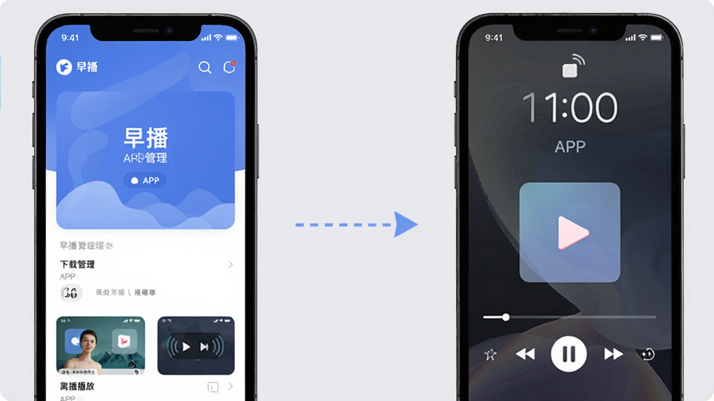 早播离线缓存与后台播放功能示意图,画面左侧是手机显示早播APP下载管理界面,右侧是手机锁屏状态下音频仍在播放的界面,中间用虚线箭头连接表示切换,背景为柔和的浅灰色,风格科技感扁平化,画质清晰,干净整洁。