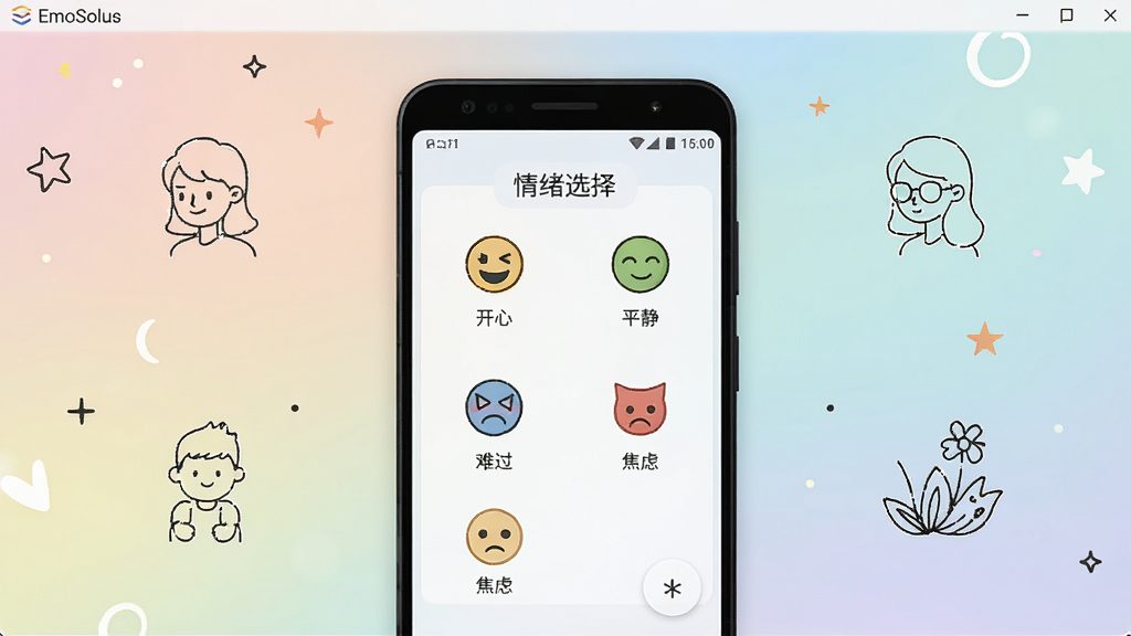 EmoSolus软件主界面展示,画面中央是一部安卓手机,屏幕显示情绪选择面板,包含开心、平静、难过、焦虑等表情图标,背景为柔和的渐变色调,周围点缀简约线条插画,整体风格清新治愈,画质清晰,干净无多余元素