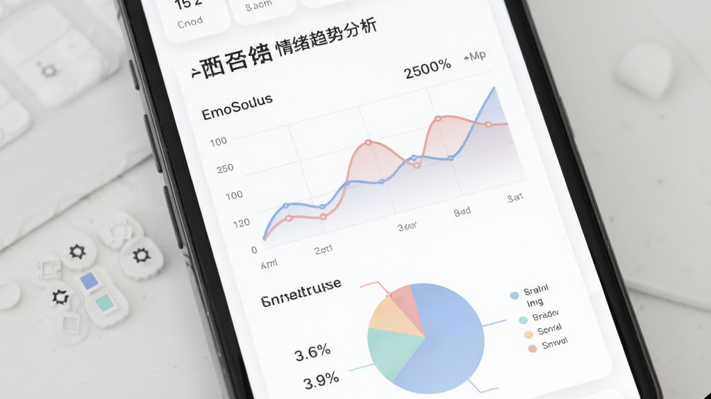 EmoSolus情绪趋势分析页面,手机屏幕展示折线图和饼状图,图表颜色柔和,背景为白色,周围有简约数据标签,整体风格商务简洁,画质清晰,干净无多余元素
