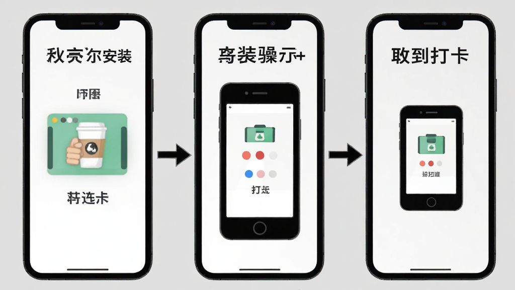 EmoSolus新手操作示意图,画面展示手机屏幕从安装到打卡的流程步骤,包含箭头指引和文字标注,背景为浅灰色,风格教程类,画质清晰,干净无多余元素