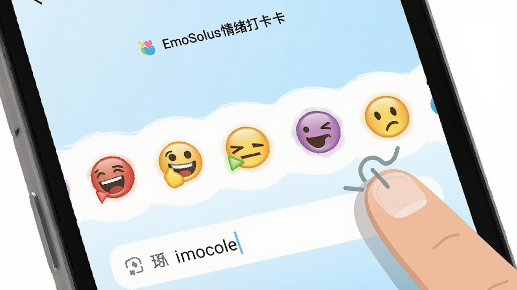 EmoSolus情绪打卡界面特写,手机屏幕显示一排彩色表情图标,下方有文字输入框,背景为淡蓝色渐变,画面右侧有手指点击动作示意,风格扁平化设计,画质清晰,干净无多余元素