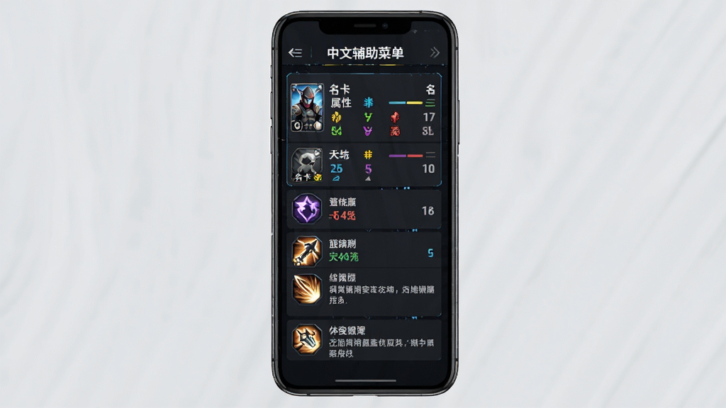 一张展示破晓者(中文辅助菜单)中文汉化界面的图片,画面主体为手机屏幕上的中文菜单列表,包含卡牌名称、属性数值和技能描述文字,布局为纵向列表,排版整齐,风格为简约科技风,细节包括中文字体、彩色图标、深色背景,画质高清,干净,无多余元素