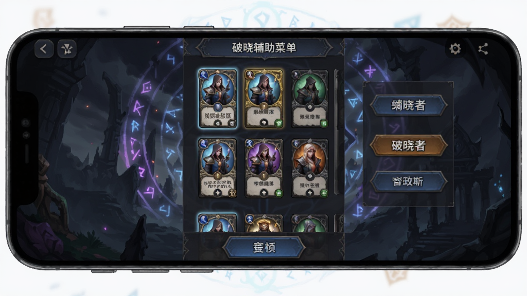 一张展示破晓者(中文辅助菜单)主界面的图片,画面中央是手机屏幕,屏幕上显示中文辅助菜单的卡牌列表与功能按钮,背景为暗色奇幻风格,主体突出菜单界面,布局居中对称,排版清晰,风格为数字插画,细节包括卡牌图标、中文文字按钮、半透明面板,画质高清,干净,无多余元素