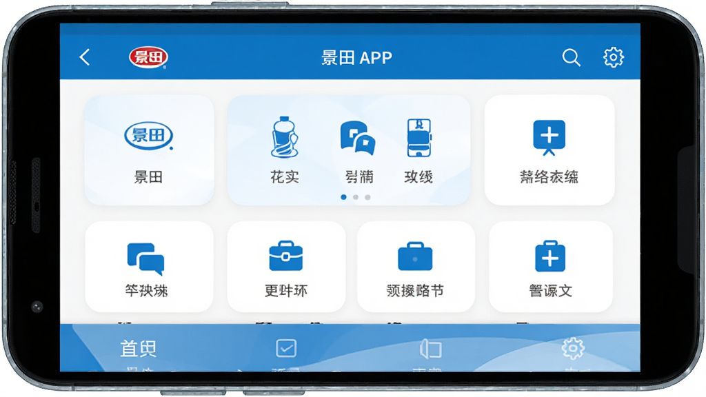 景田手机应用主界面展示图,主体为一部安卓手机正视图,屏幕中显示景田APP的首页界面,布局为顶部导航栏加中部功能卡片加底部菜单栏,排版简洁清晰,风格为现代扁平化设计,细节包括蓝色主色调、圆角图标、清爽留白,画质高清,干净,无多余元素