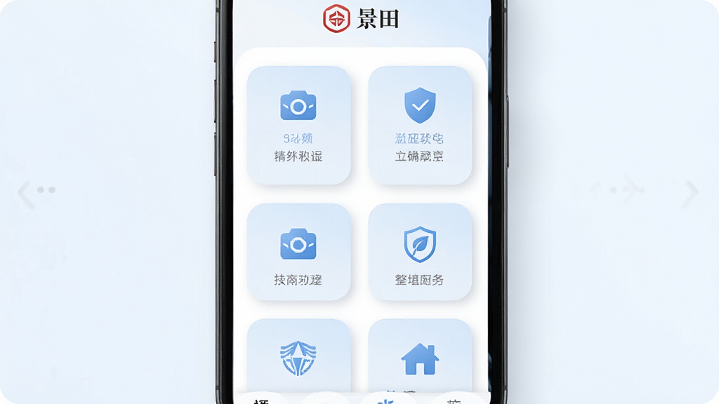 景田应用功能聚合页面示意图,主体为手机屏幕展示多个功能入口卡片,布局为两列网格排列,排版整齐有序,风格为简约商务风,细节包括柔和阴影、圆角卡片、淡蓝配色,画质清晰,干净,无多余元素