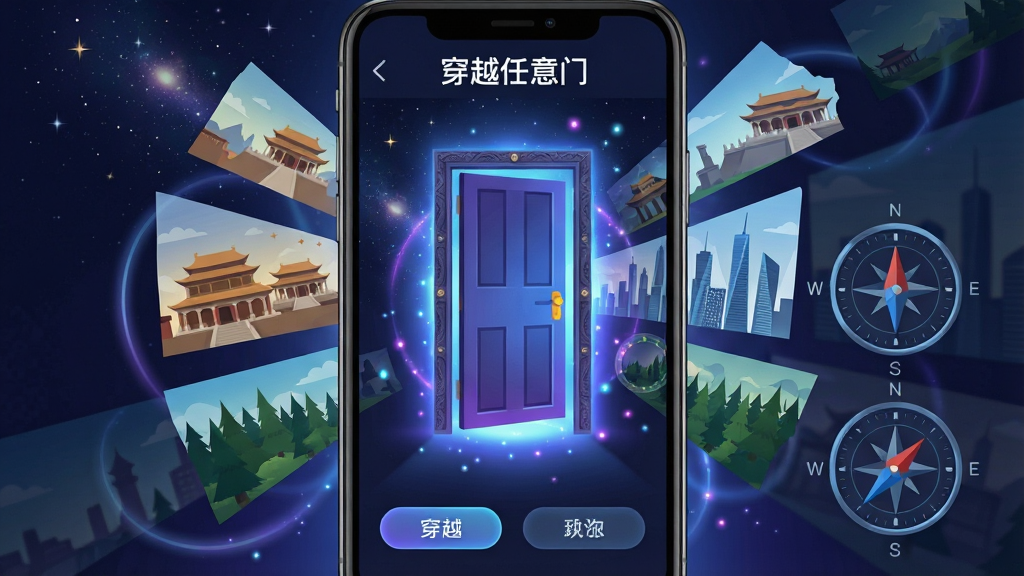 一张展示穿越任意门软件核心全貌的竖版手机界面预览图,画面中央是一扇发着蓝紫色光芒的虚拟门,门周围环绕着星空、古代建筑、现代城市、森林等不同场景的剪影碎片,手机屏幕内显示穿越任意门软件的主界面按钮和罗盘样式导航,主体突出、布局居中、排版清晰,风格为科幻奇幻融合的扁平插画,细节包含光晕、粒子、门框纹理,画质高清干净,无多余元素,画面中文字写“穿越任意门”