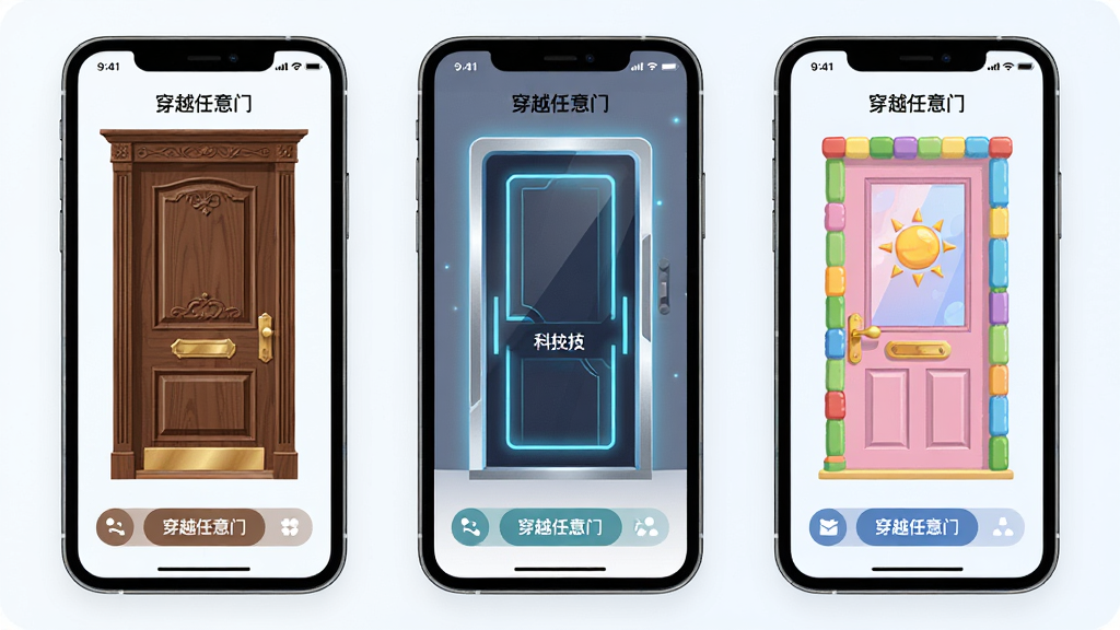 一张展示穿越任意门个性化门面定制功能的AI生图,画面主体是三部并排的手机,每部手机屏幕上显示不同风格的门框外观,分别为古典木门、科技光门、卡通彩门,布局为横向排列,排版整齐,风格为清新扁平化UI展示,细节包含门框纹理、光效、按钮图标,画质高清,干净无多余元素,画面中文字写“穿越任意门”