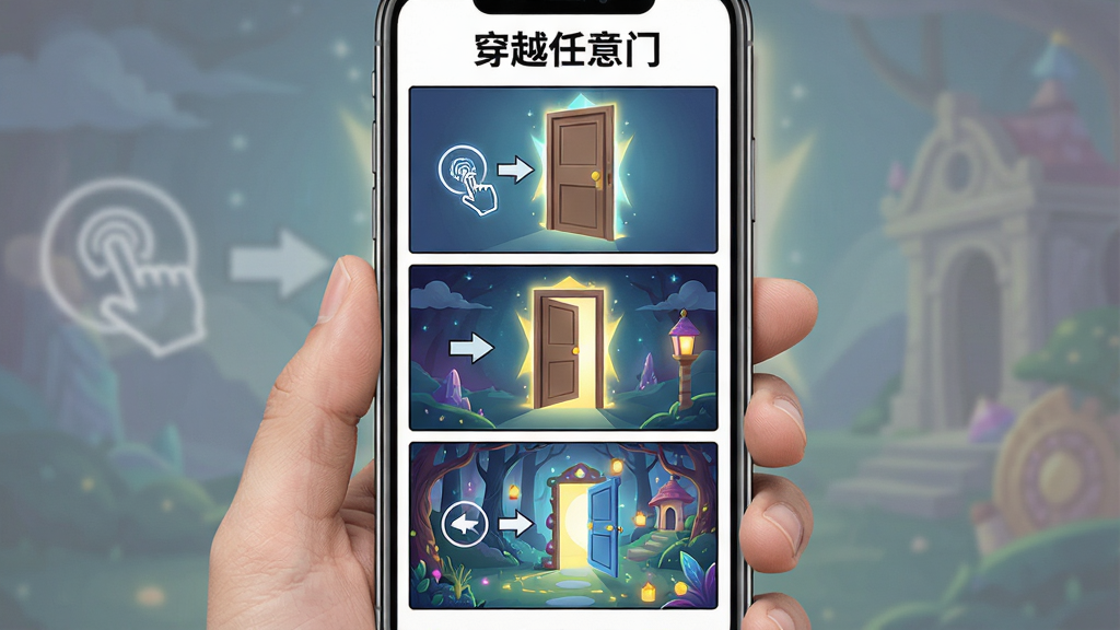 一张展示穿越任意门操作流程的AI生图,画面主体是一部手机屏幕,屏幕上显示从点击开门按钮到进入奇幻世界的分步示意图,布局为纵向三格漫画式排版,风格为简洁明快的UI教程插画,细节包含手指点击图标、门框光效、场景切换箭头,画质高清,干净无多余元素,画面中文字写“穿越任意门”