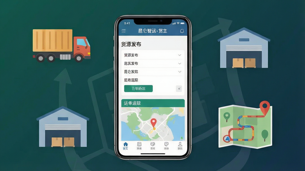 一幅展示“昆仑智运-货主”手机应用界面的场景图,画面中央是一部竖屏智能手机,屏幕显示货源发布表单与运单追踪地图,手机周围环绕货车、仓库、路线图等扁平化图标元素,整体布局简洁明了,排版采用居中构图,风格为现代科技商务风,细节上手机屏幕带有“昆仑智运-货主”字样,画质高清,干净,无多余元素。