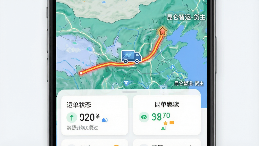一张展示“昆仑智运-货主”在途追踪功能的界面截图风格图片,画面主体为手机屏幕上的实时地图,地图中有一条高亮运输路线和货车图标,下方显示运单状态卡片,布局采用上下结构,风格为清爽简约的UI设计风,细节上地图角落标注“昆仑智运-货主”水印,画质高清,干净,无多余元素。