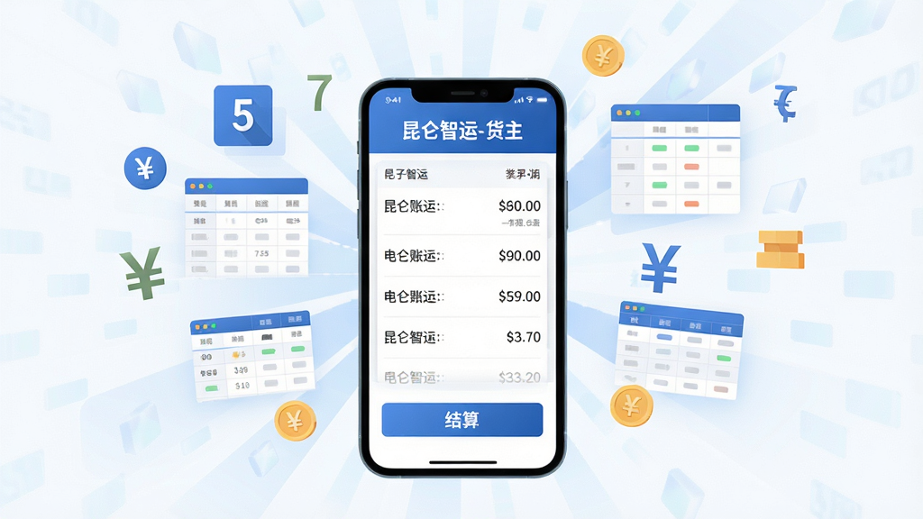 一幅描绘“昆仑智运-货主”在线对账结算场景的图片,画面中央是手机屏幕显示电子账单列表与结算按钮,周围漂浮着数字、表格、货币符号等元素,布局采用中心放射式,风格为现代扁平商务风,细节上账单顶部有“昆仑智运-货主”标识,画质高清,干净,无多余元素。