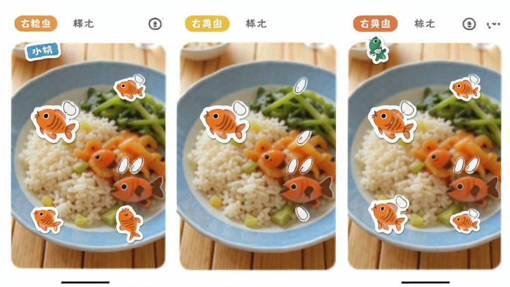 饭粒有鱼贴纸功能展示图,主体为手机界面中餐盘照片上叠加小鱼和饭粒贴纸,布局为左中右三栏展示不同贴纸效果,排版采用网格排列,风格活泼明快,细节包含贴纸边缘高光、分类标签,画质清晰干净无多余元素