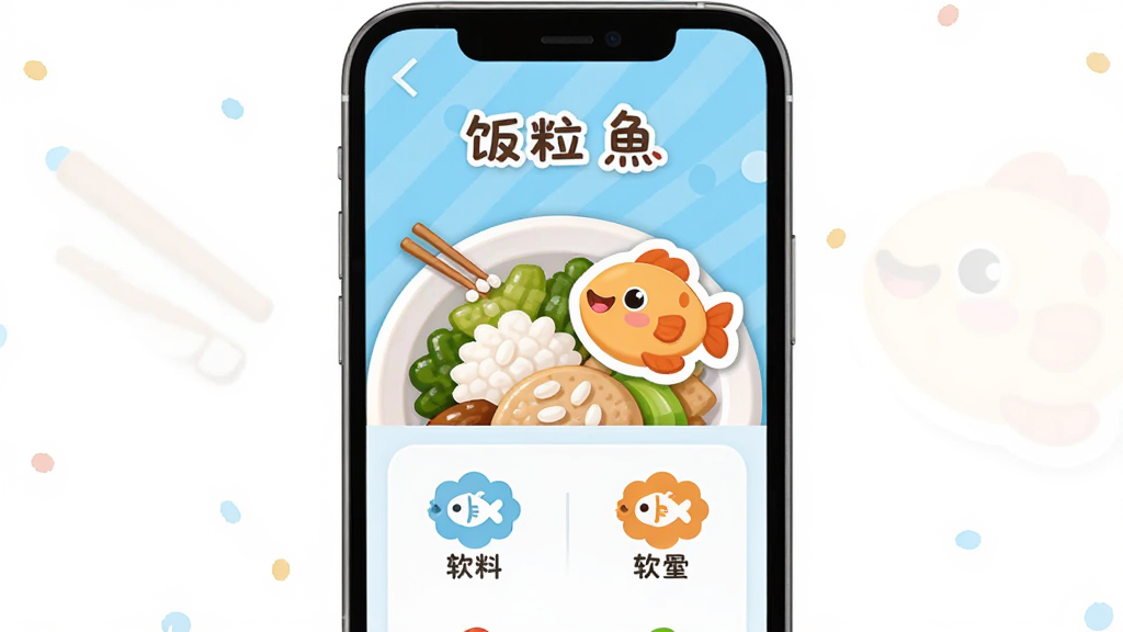 饭粒有鱼软件主界面预览图,主体为手机屏幕中显示餐盘与卡通鱼贴纸的界面,布局居中展示,排版采用上下结构上方为软件名称下方为功能区,风格清新可爱,细节包含筷子、米饭粒、小鱼图标,画质高清干净无多余元素
