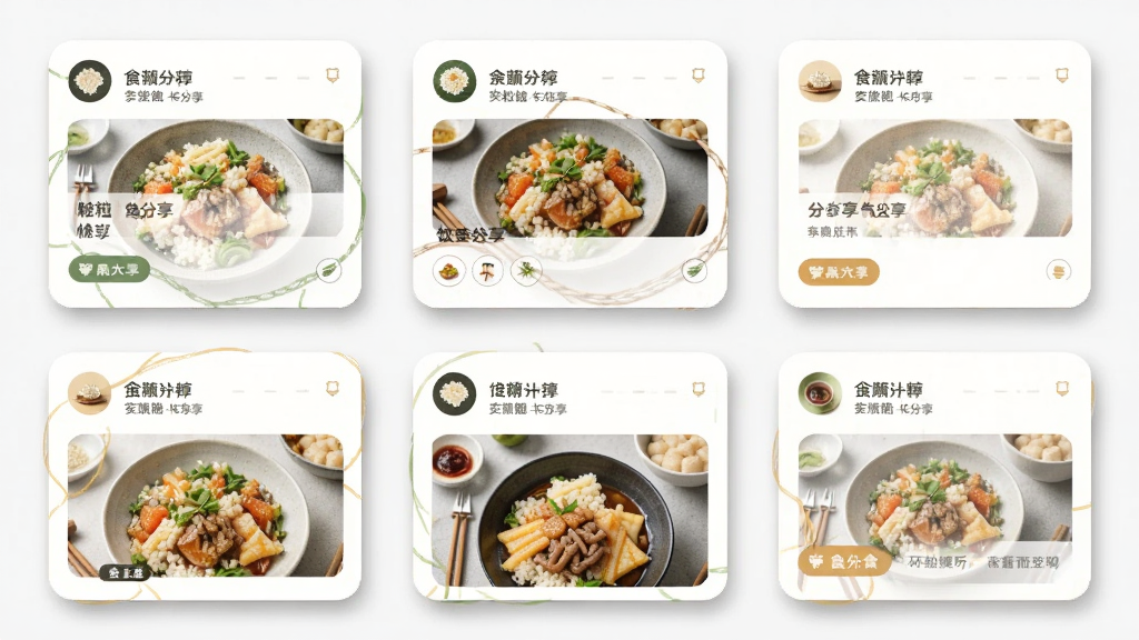 饭粒有鱼分享卡片生成效果图,主体为多张不同风格的饮食分享卡片平铺展示,布局为两行三列排列,排版整齐有序,风格清新简约,细节包含卡片圆角、阴影、文字标题区域,画质高清干净无多余元素