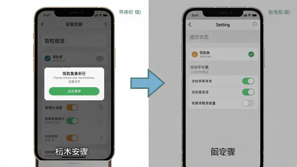 饭粒有鱼安装步骤示意图,主体为手机屏幕显示安装权限弹窗与设置界面,布局为左右对比展示安装前后状态,排版采用箭头引导,风格简洁直观,细节包含勾选按钮、权限开关,画质清晰干净无多余元素