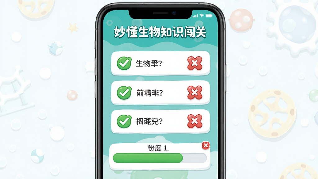 妙懂生物知识闯关界面展示,手机屏幕显示生物选择题和得分进度条,界面配色活泼,有绿色对勾和红色叉号标识,背景简洁,画质清晰干净