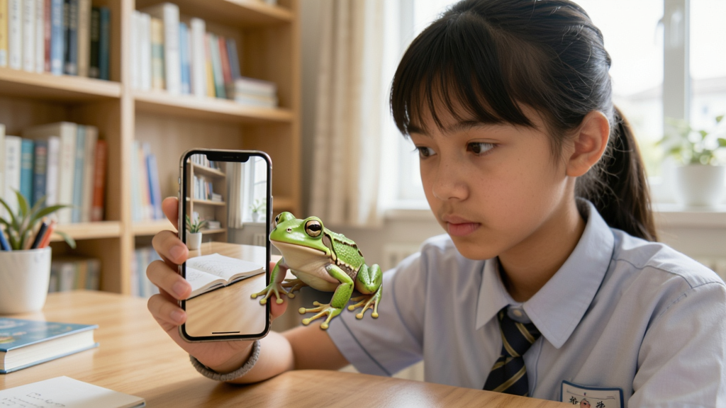 妙懂生物AR实景体验功能展示,画面中一名学生用手机对着桌面,手机屏幕里出现一只虚拟青蛙模型叠加在真实桌面上,学生表情专注,背景是明亮的书房,风格写实自然,画质清晰
