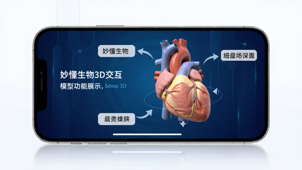 妙懂生物3D交互模型功能展示,画面中一部手机横屏显示,屏幕里是一个可旋转的心脏3D模型,旁边有标注箭头和知识标签,背景是深蓝色渐变科技风,整体干净整洁,画质高清