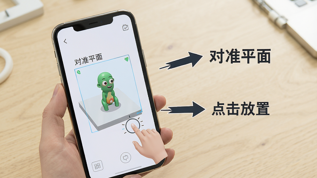 妙懂生物使用教程示意图,画面中一部手机显示AR放置模型的步骤分解图,旁边有箭头和文字标注“对准平面”“点击放置”,背景是浅色桌面,风格简洁明了,画质清晰