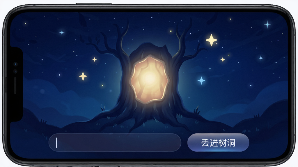 一张手机界面截图,显示Uta的树洞模式,背景为深蓝色夜空,中央有一个发光的树洞形状,周围飘着几颗星星,屏幕下方有输入框和“丢进树洞”按钮,布局居中,风格神秘安静,细节包括微光效果和细腻的渐变,画质高清,干净,无多余元素