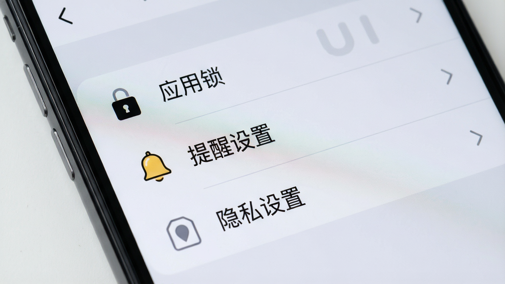 一张手机屏幕特写,显示Uta应用的设置页面,页面中有“应用锁”“提醒设置”“隐私设置”等选项,背景为浅灰色,布局清晰,风格简约,细节包括选项图标和文字,画质高清,干净,无多余元素