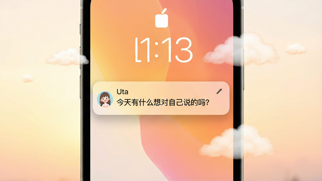 一张手机锁屏界面图片,屏幕中央显示一条来自Uta的通知,通知内容为“今天有什么想对自己说的吗?”,背景是柔和的晨光渐变,手机周围有淡淡的云朵装饰,布局简洁,风格温暖,细节包括通知卡片的圆角和轻微阴影,画质高清,干净,无多余元素