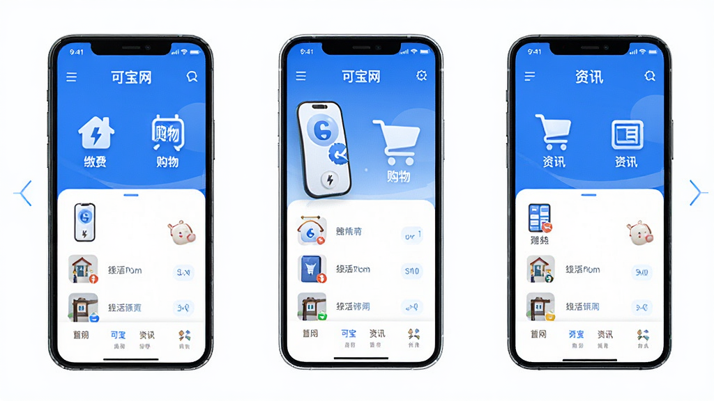 可宝网 手机应用界面 主色调为蓝白相间 首页展示生活服务图标 包含缴费 购物 资讯板块 布局清晰 现代简约风格 细节丰富 高清画质 干净无多余元素