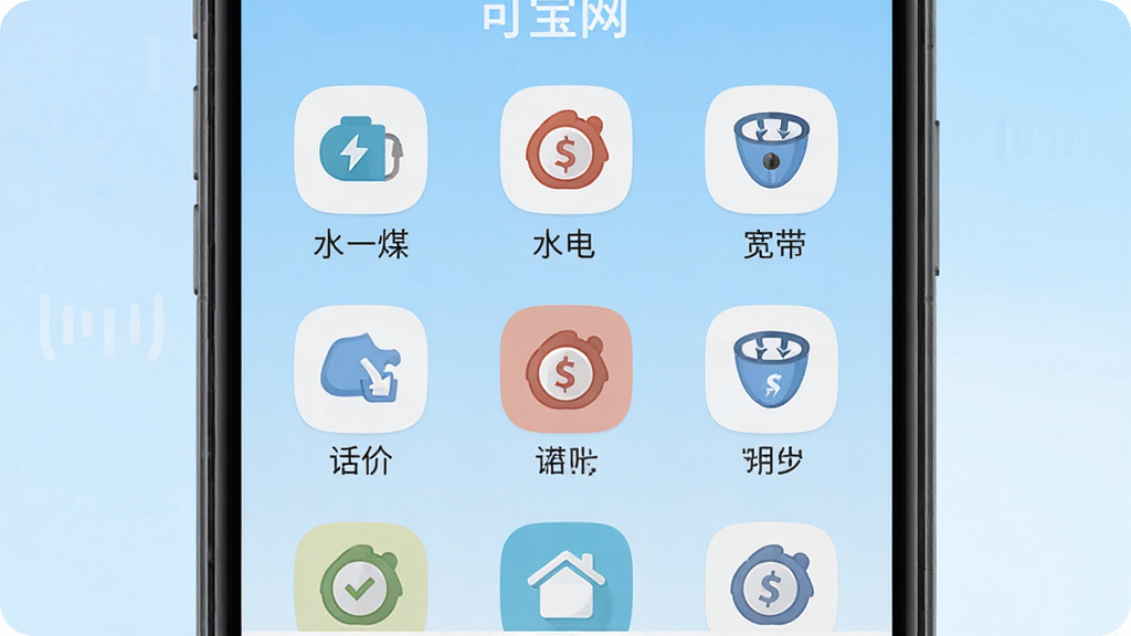 可宝网 生活服务聚合界面 手机屏幕显示各类生活缴费图标 水电煤 话费 宽带 背景为浅蓝色渐变 扁平化设计风格 图标排列整齐 画质清晰 干净明亮