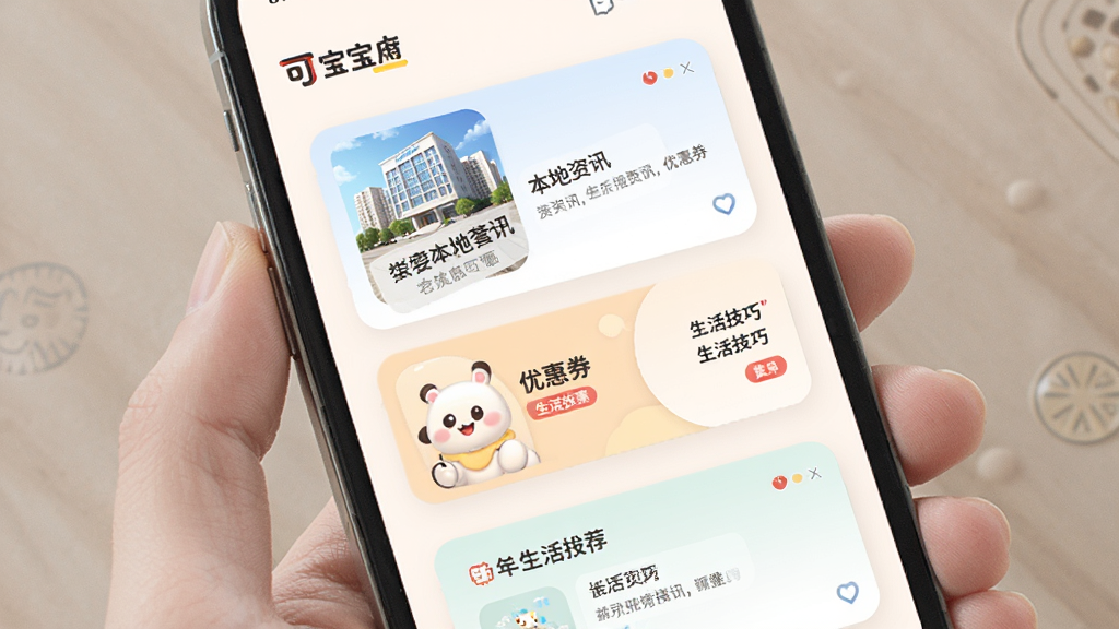 可宝网 个性化推荐页面 手机界面展示信息流卡片 包含本地资讯 优惠券 生活技巧 卡片式布局 圆角设计 色彩柔和 排版舒适 高清画质 无杂乱元素