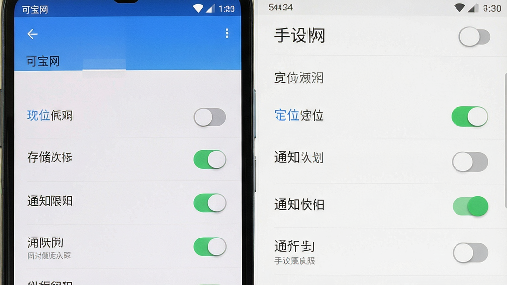 可宝网 手机设置权限界面 展示定位 存储 通知权限开关 安卓系统设置页面 简洁清晰 画质干净 无多余装饰