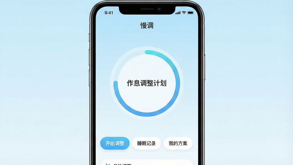 一张简洁清新的手机应用界面截图,画面中央展示“慢调”APP的首页,背景为柔和的渐变浅蓝色,界面中有一个圆形的作息调整进度环,环内显示“作息调整计划”字样,下方有“开始调整”“睡眠记录”“我的方案”三个功能按钮,整体风格现代简约,细节精致,画质清晰,干净无多余元素