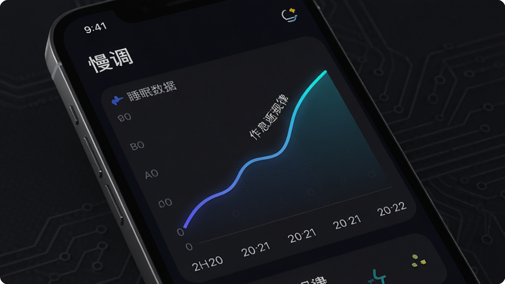 AI生成图片,画面为手机屏幕特写,显示“慢调”APP的睡眠数据折线图,线条平滑上升代表作息逐渐规律,图表下方有日期标签,背景为深色模式界面,风格科技感十足,细节锐利,画质高清,干净无杂乱元素