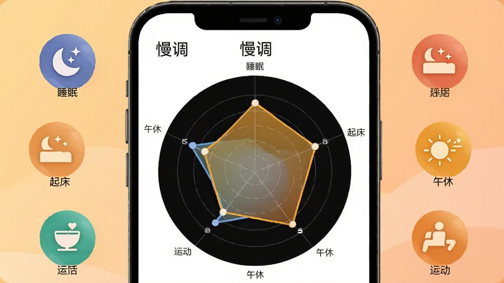 一幅AI生成的插画,画面主体是一部智能手机,屏幕上显示“慢调”APP的作息评估雷达图,图表周围有睡眠、起床、午休、运动等小图标环绕,背景为温暖的浅橙色渐变,布局居中对称,风格扁平化,细节清晰,画质干净,无多余元素