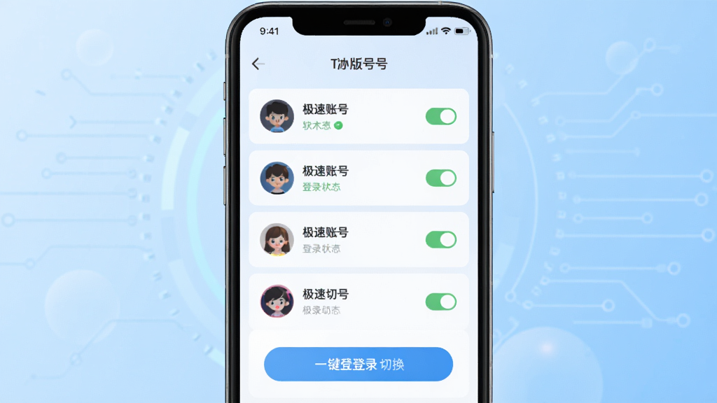 手游登号器极速版软件主界面截图,画面中央展示手机屏幕,屏幕内呈现简洁的账号列表与一键登录按钮,背景为淡蓝色渐变科技风格,布局干净整齐,风格现代简约,细节包括账号头像、登录状态标识与极速切换开关,画质清晰,干净无多余元素