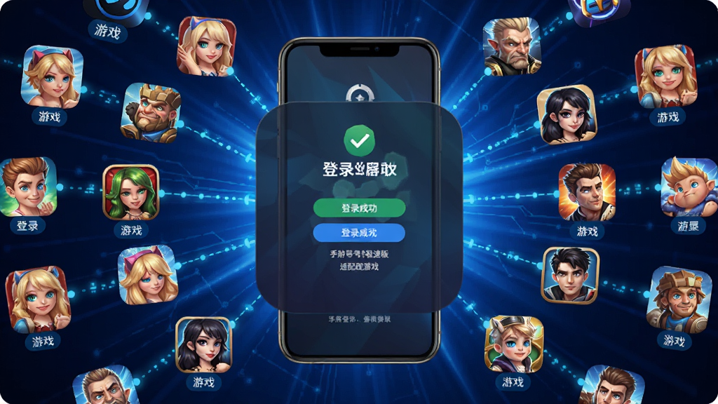 手游登号器极速版适配游戏展示图,画面中多款手游图标环绕在软件图标周围,手机屏幕居中显示登录成功界面,背景为深蓝色科技光效,布局呈放射状排列,风格动感现代,细节有连接线条与游戏分类标签,画质清晰,干净无多余元素