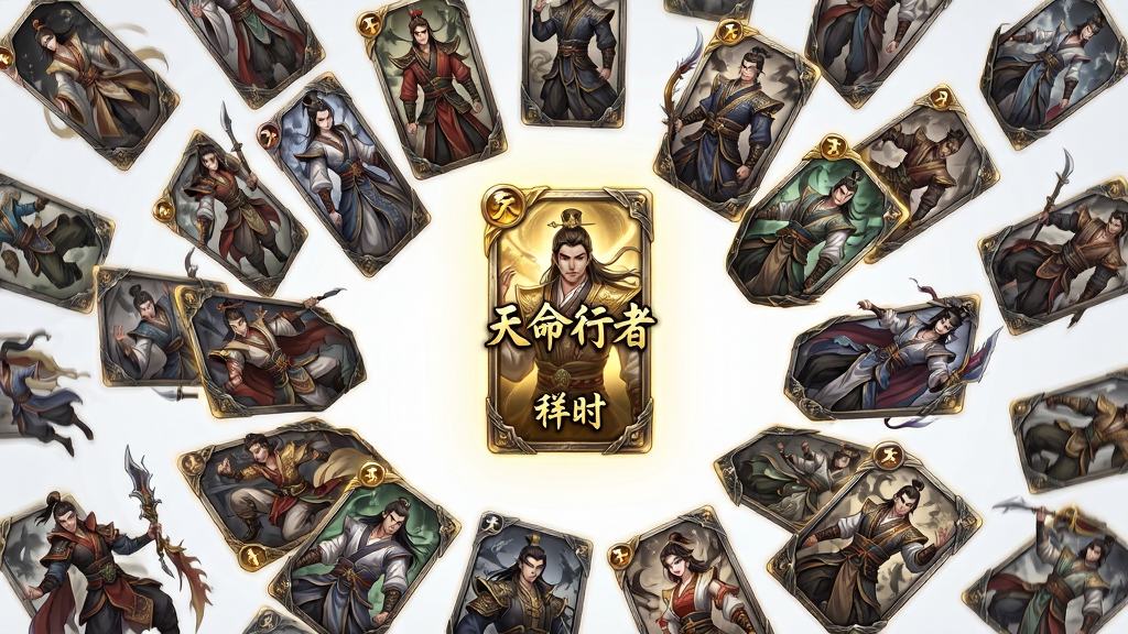 画面主体为数十位造型各异的国风英雄角色卡牌悬浮在空中,布局采用放射状排列,中心位置是一张发光的金色稀有卡牌,排版错落有致,风格为二次元国风卡牌插画,细节上注重角色服饰的纹理与卡牌边框的金属质感,画质高清,画面干净,无多余元素,图片中打文字“天命行者”。