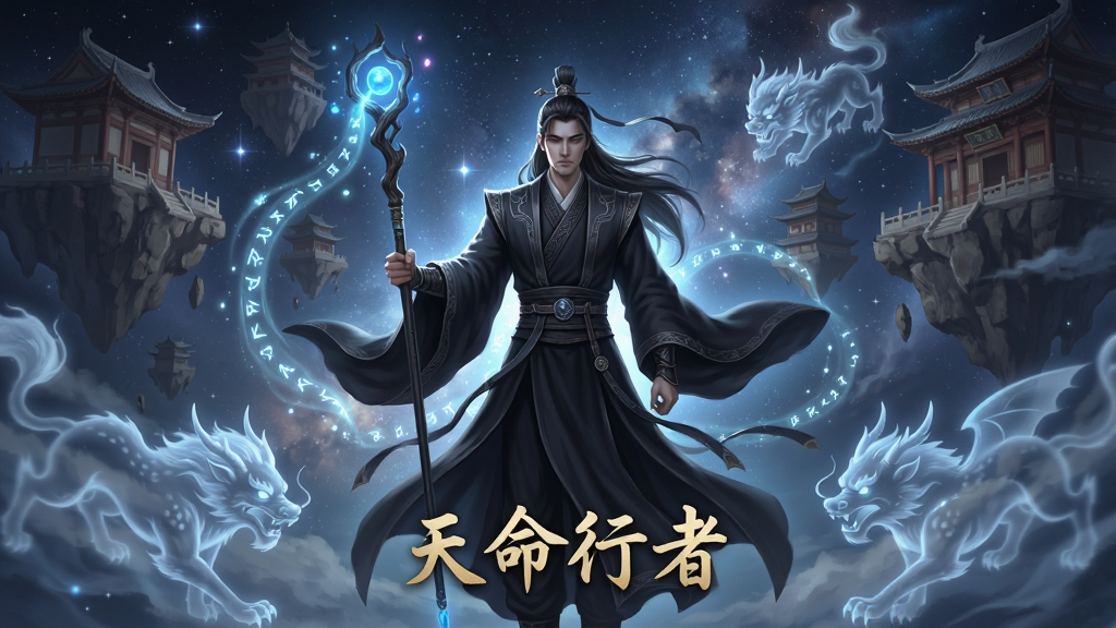 画面主体为一位身穿玄色长袍、手持发光法杖的神秘行者,背景是浩瀚星空与漂浮的古老东方建筑群,布局采用中心对称构图,行者立于画面正中央,四周环绕着若隐若现的灵兽虚影,风格为国风玄幻CG插画,细节上注重衣袍的飘逸感与法杖上符文的流光效果,画质超清,画面干净,无多余元素,图片中打文字“天命行者”。