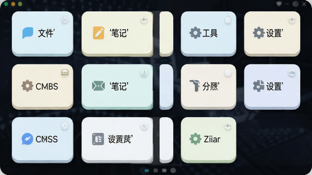 CMGBS软件功能面板示意图,画面中多个功能卡片整齐排列,每个卡片上标注不同功能名称如文件、笔记、工具、设置等,布局采用网格状,风格清新浅色,细节上卡片带有圆角和柔和阴影,画质高清,干净,无多余元素